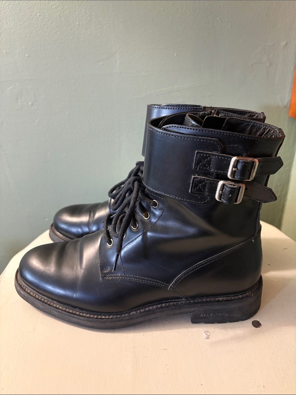 All Saints Black Leather Lace-Up Combat Ankle Boots with Buckle Straps . Size 36
